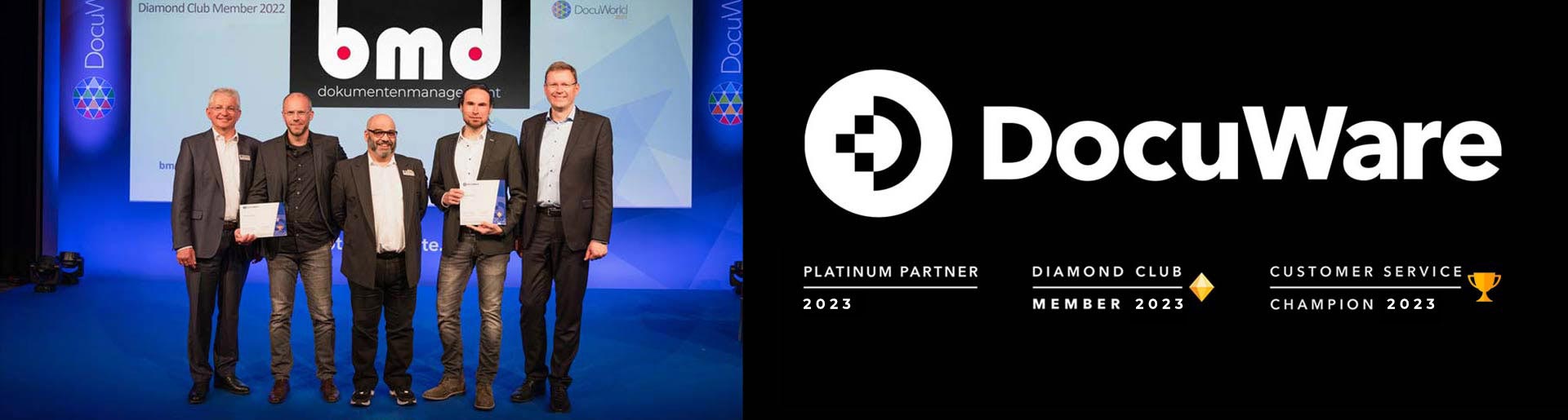Die bmd GmbH ist auf der DocuWorld User Conference 2022 als  Mitglied im DocuWare Diamond Club geehrt worden. In diesem Rahmen wurde bmd auch der Customer Service Champion Award für den besten Kunden-Service verliehen. 